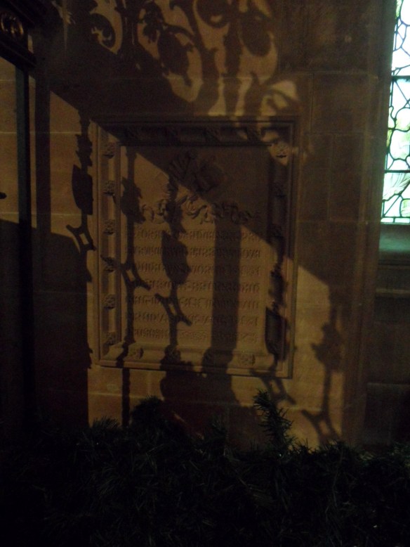 The contribution of Lichfield sculptor and stone mason Robert Bridgemans is acknowledge on thois tablet, decorated with a mallet, chisel and other tools. 